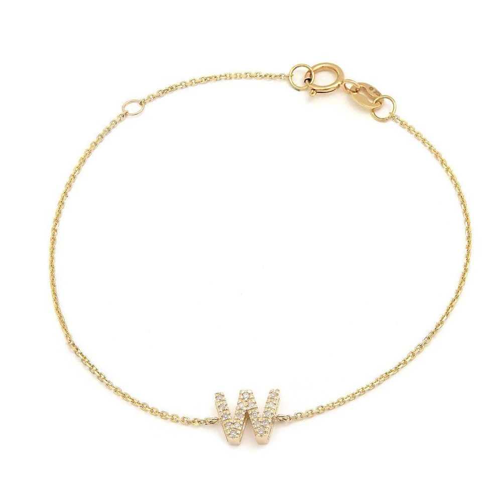 14K Real Yellow Gold  Initial ”W” Single Prong Diamond Bracelet 7+1″